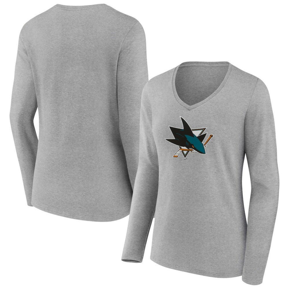 San Jose Sharks Women's Primary Logo Team Long Sleeve V-Neck T-Shirt - Heather Gray - NHL