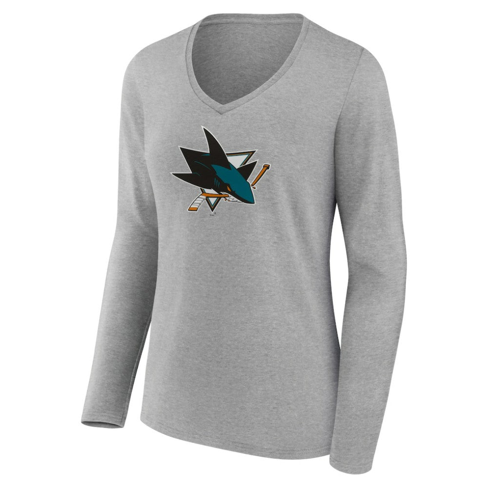 San Jose Sharks Women's Primary Logo Team Long Sleeve V-Neck T-Shirt - Heather Gray - NHL