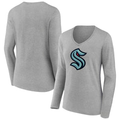 Seattle Kraken Women's Primary Logo Team Long Sleeve V-Neck T-Shirt - Heather Gray - NHL