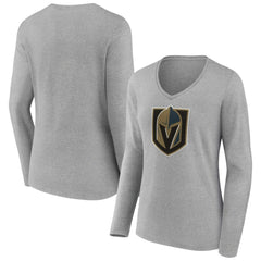 Vegas Golden Knights Women's Primary Logo Team Long Sleeve V-Neck T-Shirt - Heather Gray - NHL