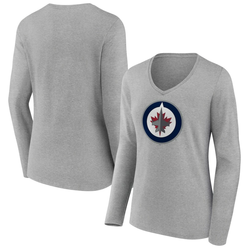 Winnipeg Jets Women's Primary Logo Team Long Sleeve V-Neck T-Shirt - Heather Gray - NHL