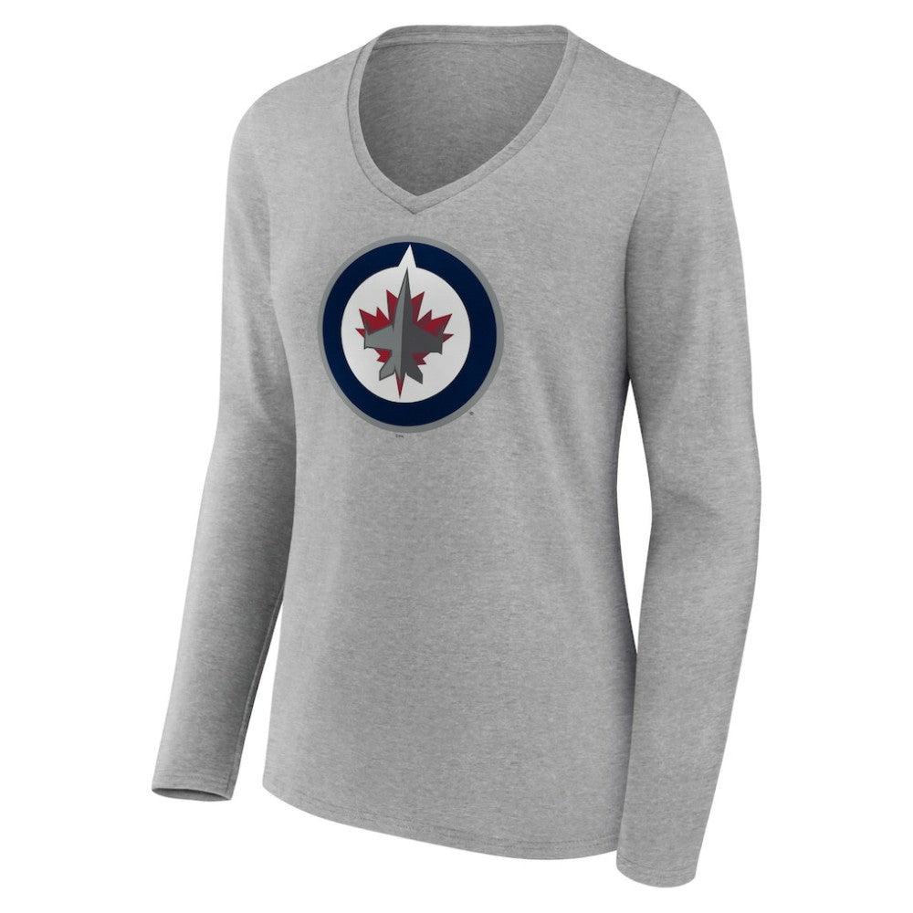 Winnipeg Jets Women's Primary Logo Team Long Sleeve V-Neck T-Shirt - Heather Gray - NHL