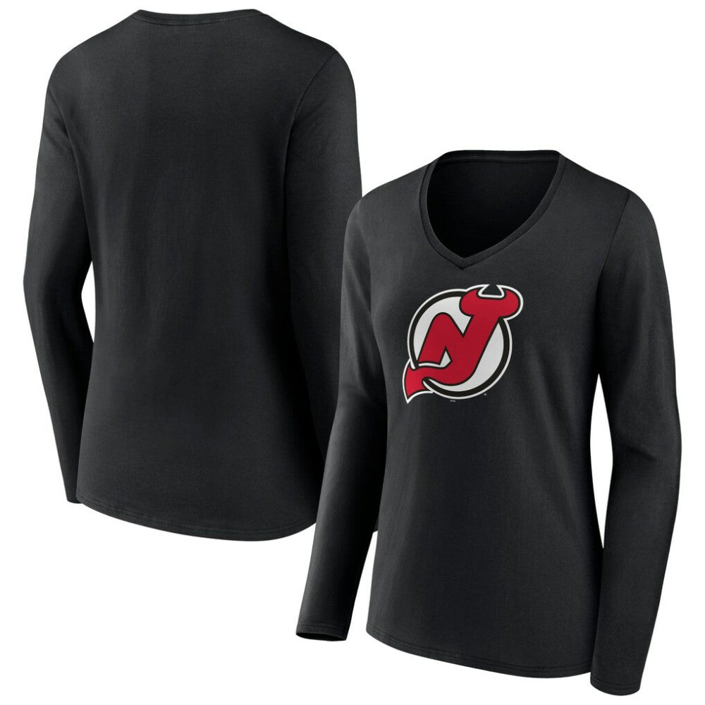 New Jersey Devils Women's Primary Team Logo Long Sleeve V-Neck T-Shirt - Black - NHL