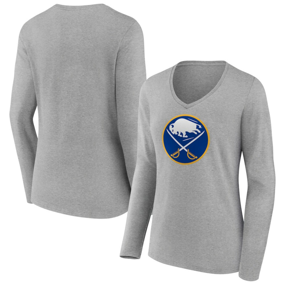 Buffalo Sabres Women's Primary Logo Team Long Sleeve V-Neck T-Shirt - Heather Gray - NHL