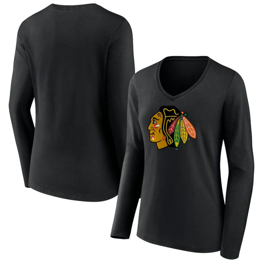 Chicago Blackhawks Women's Primary Team Logo Long Sleeve V-Neck T-Shirt - Black - NHL