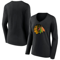 Chicago Blackhawks Women's Primary Team Logo Long Sleeve V-Neck T-Shirt - Black - NHL