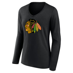 Chicago Blackhawks Women's Primary Team Logo Long Sleeve V-Neck T-Shirt - Black - NHL