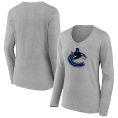 Vancouver Canucks Women's Primary Logo Team Long Sleeve V-Neck T-Shirt - Heather Gray - NHL