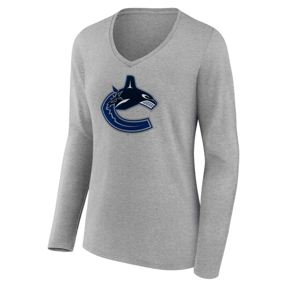 Vancouver Canucks Women's Primary Logo Team Long Sleeve V-Neck T-Shirt - Heather Gray - NHL