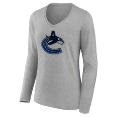 Vancouver Canucks Women's Primary Logo Team Long Sleeve V-Neck T-Shirt - Heather Gray - NHL