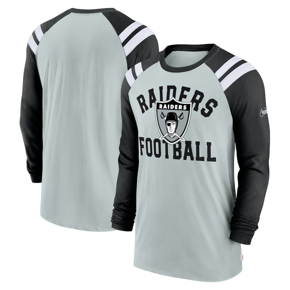 Las Vegas Raiders Classic Arc Raglan Tri-Blend Long Sleeve T-Shirt Silver/Black | Nike for Sale