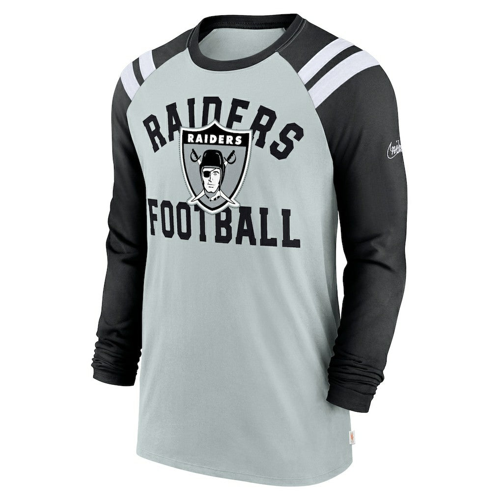 Las Vegas Raiders Classic Arc Raglan Tri-Blend Long Sleeve T-Shirt Silver/Black | Nike for Sale
