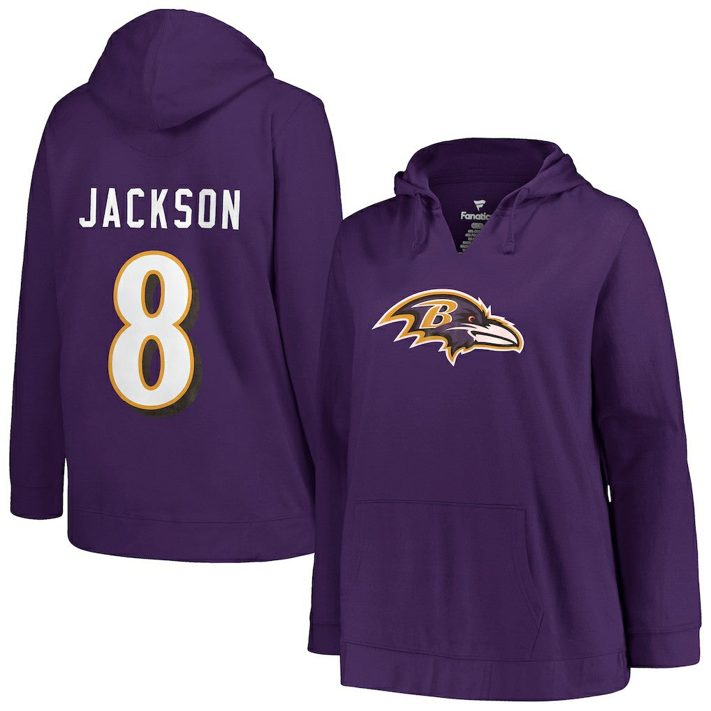 Lamar Jackson Baltimore Ravens Profile Women's Plus Size Player Name & Number Pullover Hoodie Purple | NFL