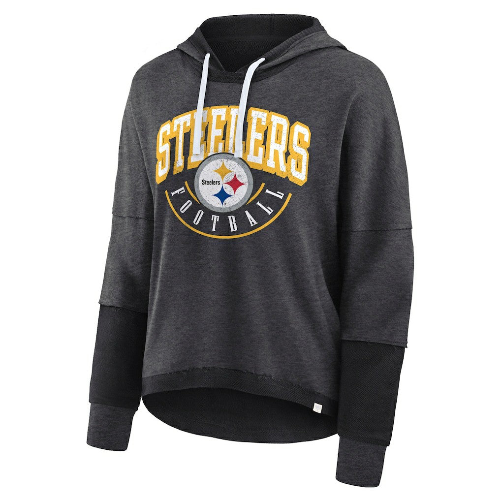 Pittsburgh Steelers Women's Lightewight Modest Crop Lounge Helmet Arch Pullover Hoodie Charcoal | Fanatics