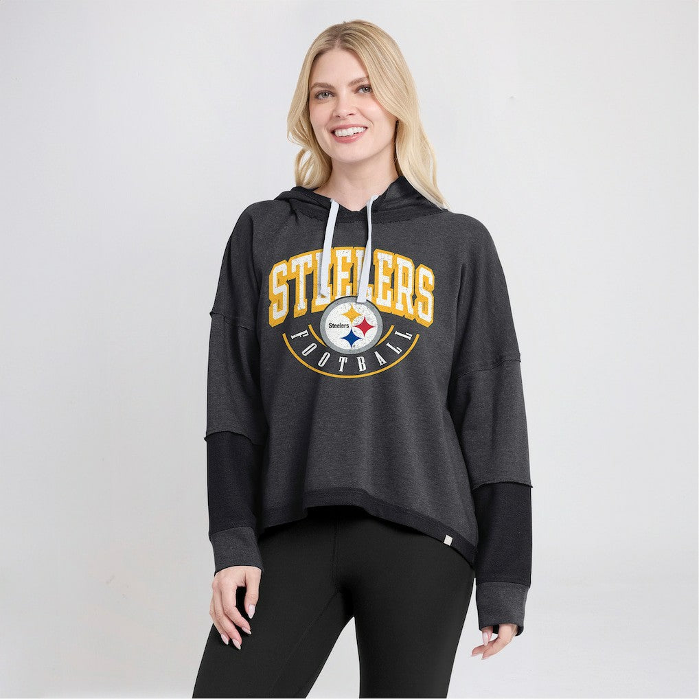 Pittsburgh Steelers Women's Lightewight Modest Crop Lounge Helmet Arch Pullover Hoodie Charcoal | Fanatics