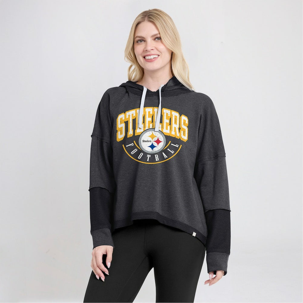 Pittsburgh Steelers Women's Lightewight Modest Crop Lounge Helmet Arch Pullover Hoodie Charcoal | Fanatics