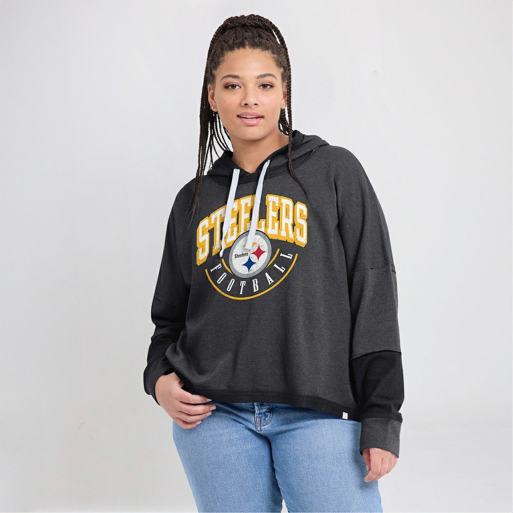 Pittsburgh Steelers Women's Lightewight Modest Crop Lounge Helmet Arch Pullover Hoodie Charcoal | Fanatics