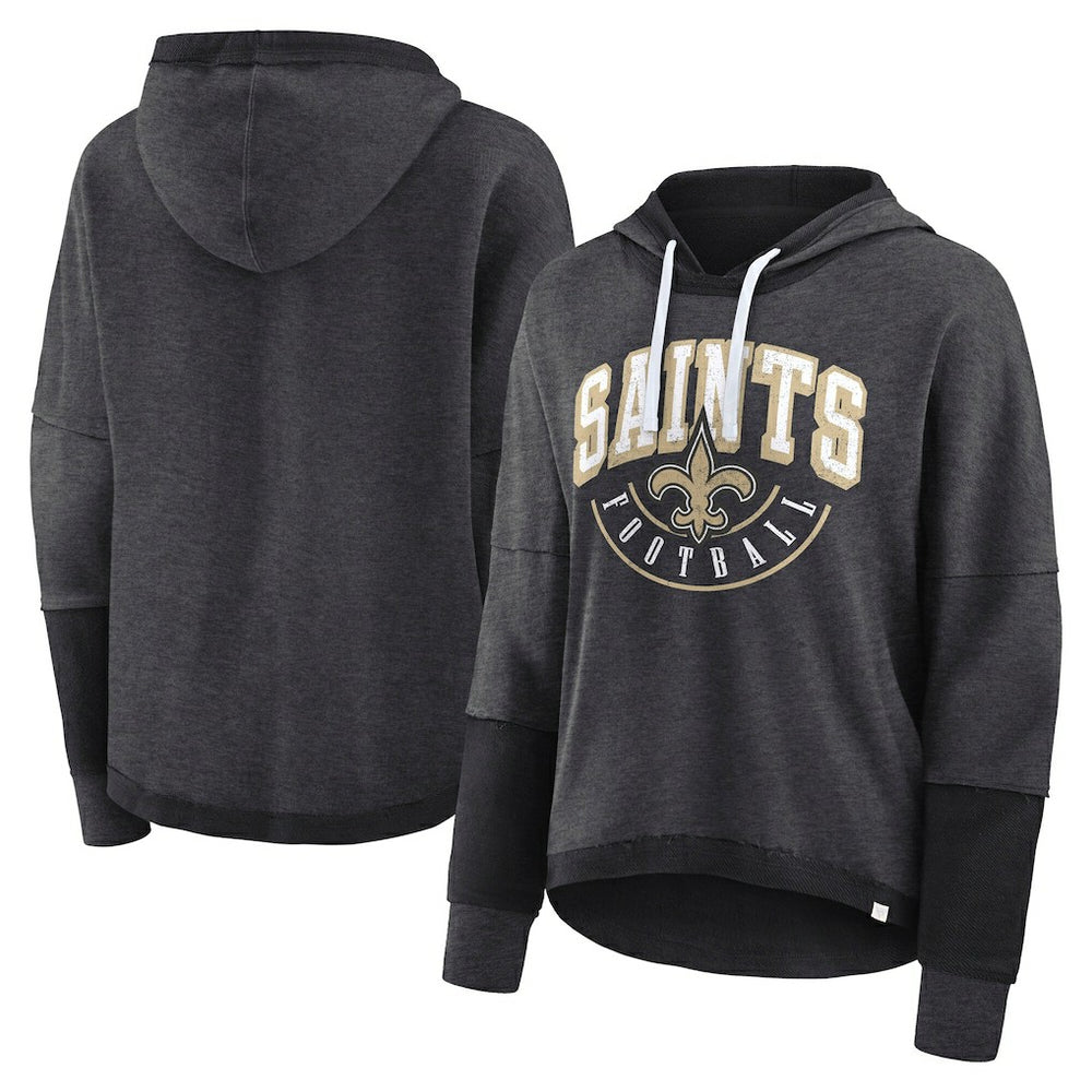 New Orleans Saints Women's Lightewight Modest Crop Lounge Helmet Arch Pullover Hoodie Charcoal | Fanatics