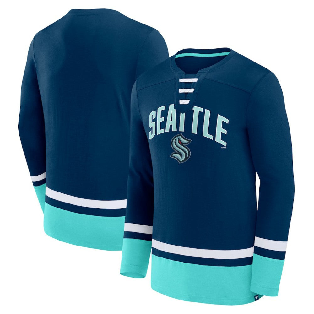 Seattle Kraken Fanatics Back Pass Lace-Up Long Sleeve T-Shirt - Deep Sea Blue - NHL