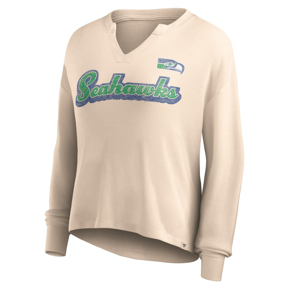 Seattle Seahawks Women's Go For It Notch Neck Waffle Knit Lightweight Long Sleeve T-Shirt Tan | Fanatics
