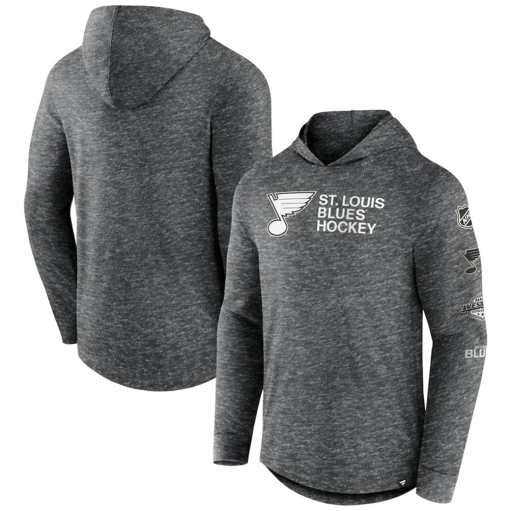 St. Louis Blues Fanatics Stacked Long Sleeve Hoodie T-Shirt - Heather Charcoal - NHL