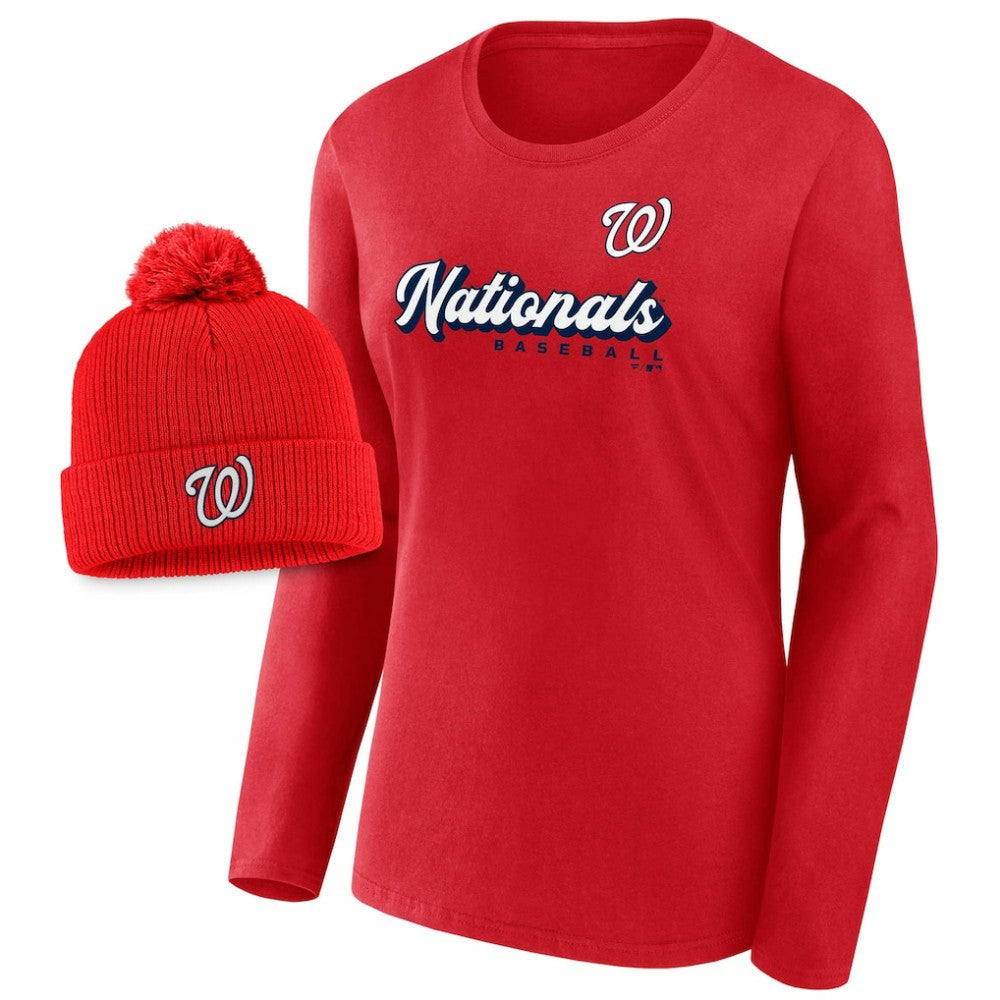 Washington Nationals Fanatics Women's Run The Bases Long Sleeve T-Shirt & Cuffed Knit Hat with Pom Combo Set - MLB