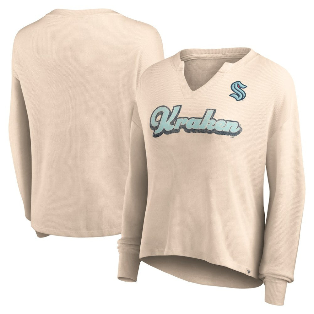Seattle Kraken Fanatics Women's Go For It Notch Neck Waffle Knit Long Sleeve T-Shirt - Oatmeal - NHL