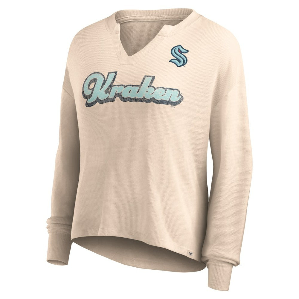 Seattle Kraken Fanatics Women's Go For It Notch Neck Waffle Knit Long Sleeve T-Shirt - Oatmeal - NHL