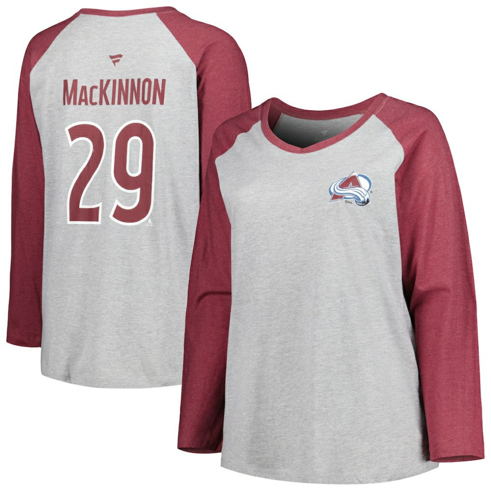 Nathan MacKinnon Colorado Avalanche Fanatics Women's Plus Size Name & Number Raglan Long Sleeve T-Shirt - Heather Gray/Heather Burgundy - NHL