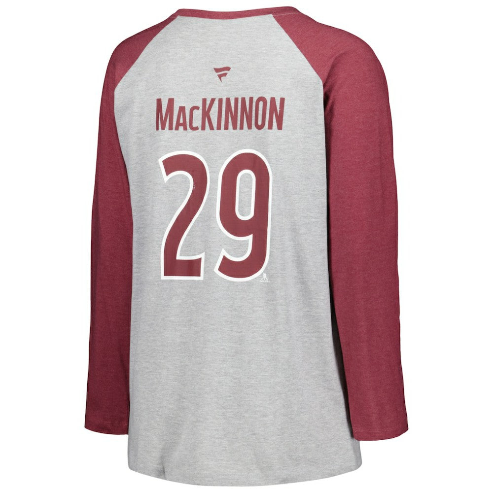 Nathan MacKinnon Colorado Avalanche Fanatics Women's Plus Size Name & Number Raglan Long Sleeve T-Shirt - Heather Gray/Heather Burgundy - NHL