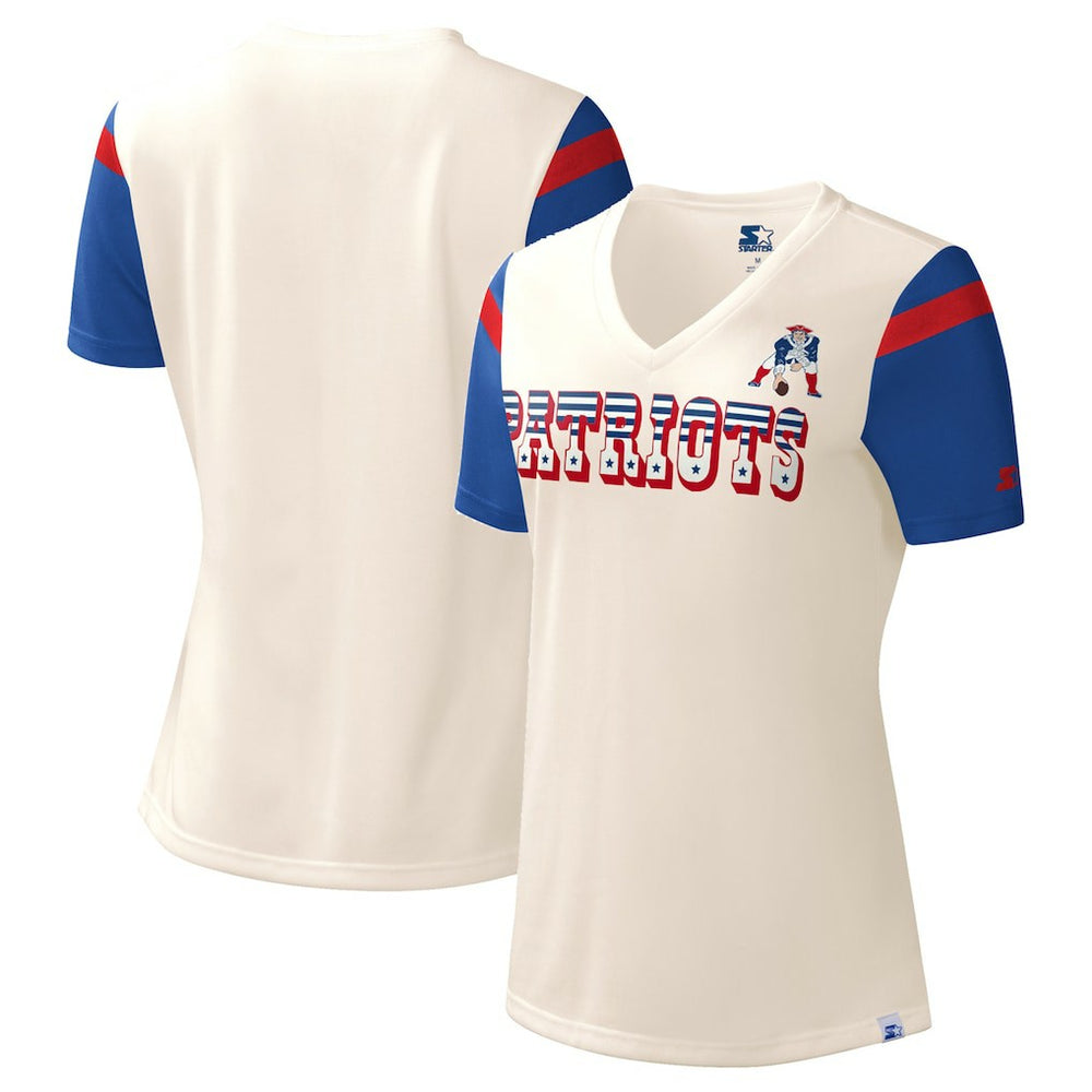 New England Patriots Starter Women's Kick Start V-Neck T-Shirt Cream | NFL