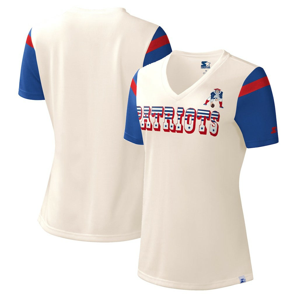 New England Patriots Starter Women's Kick Start V-Neck T-Shirt Cream | NFL