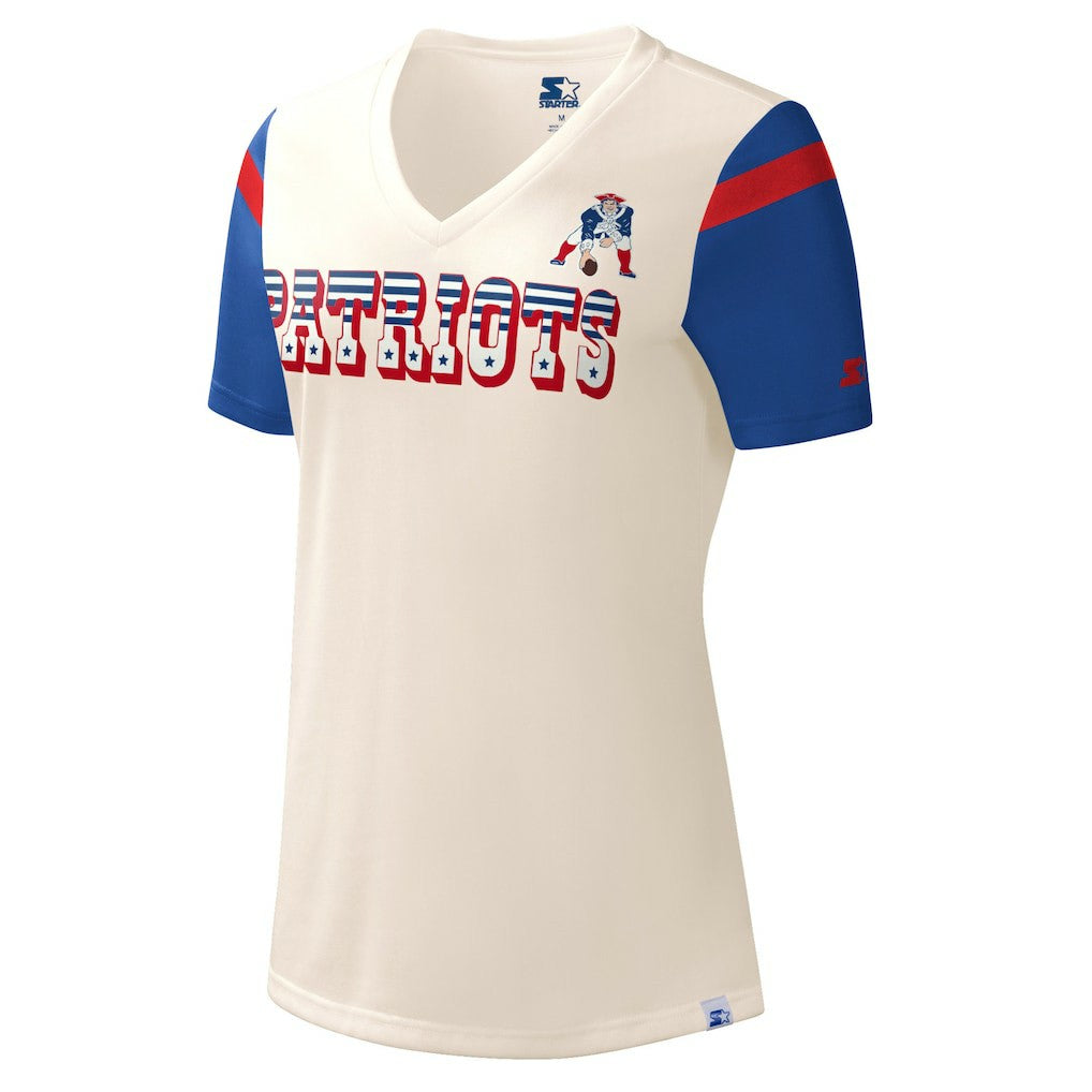 New England Patriots Starter Women's Kick Start V-Neck T-Shirt Cream | NFL