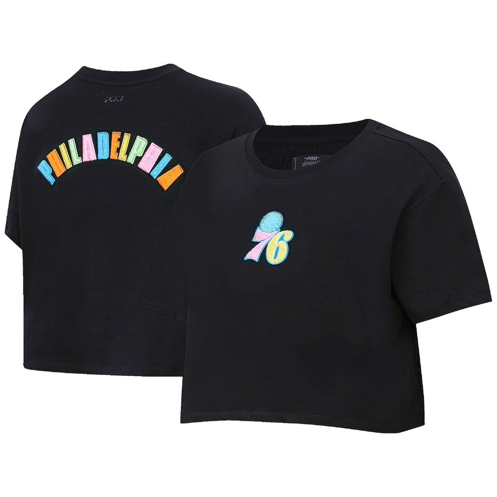 Philadelphia 76ers Pro Standard Women's Washed Neon Cropped Boxy T-Shirt Black - NBA