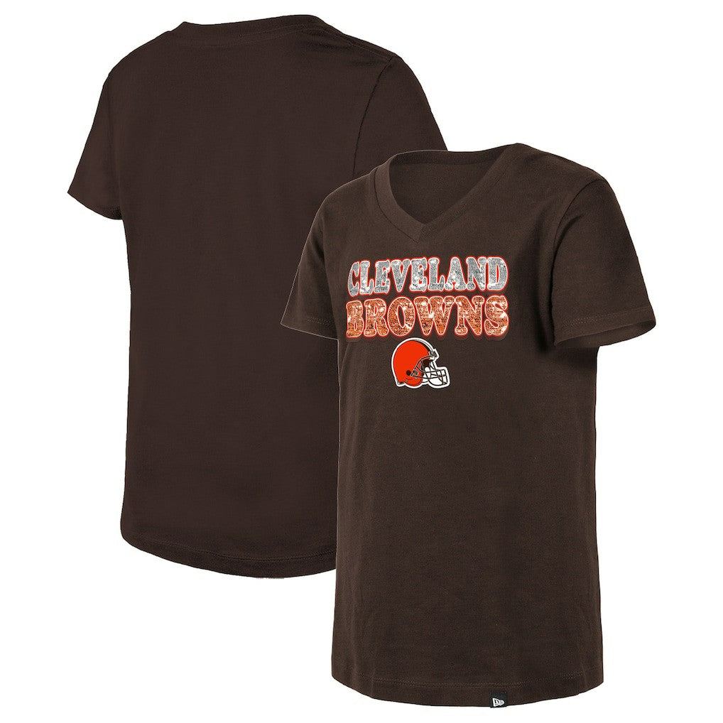 Cleveland Browns New Era Girls Youth Reverse Sequin V-Neck T-Shirt Brown | NFL