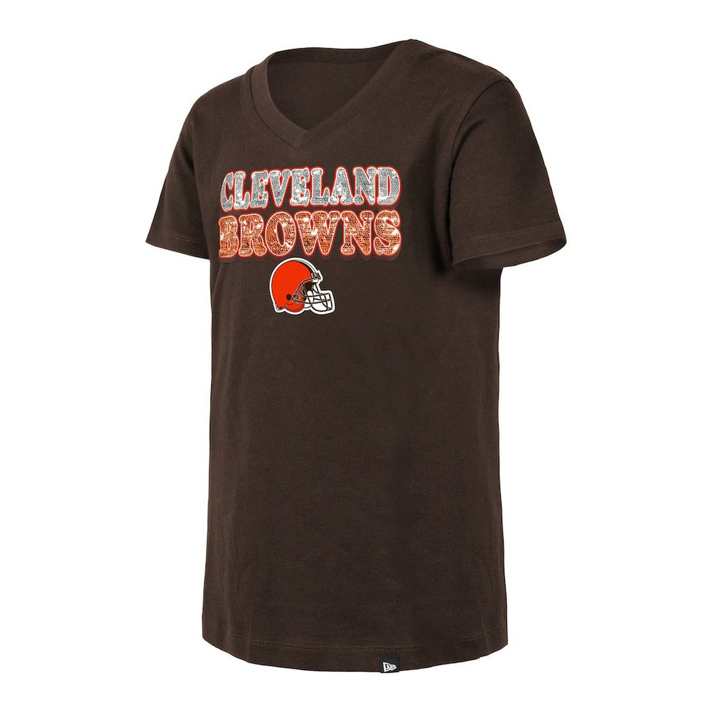 Cleveland Browns New Era Girls Youth Reverse Sequin V-Neck T-Shirt Brown | NFL