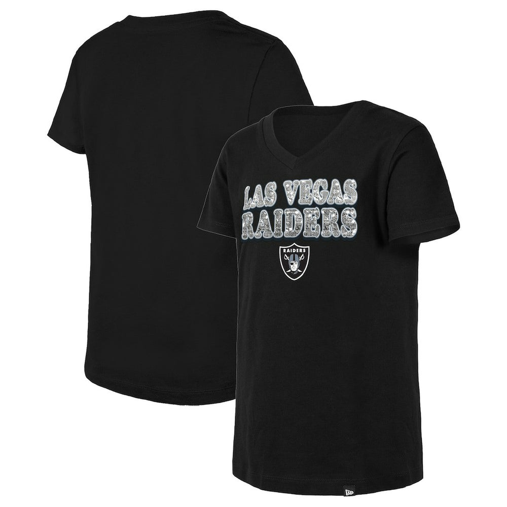 Las Vegas Raiders New Era Girls Youth Reverse Sequin V-Neck T-Shirt Black | NFL