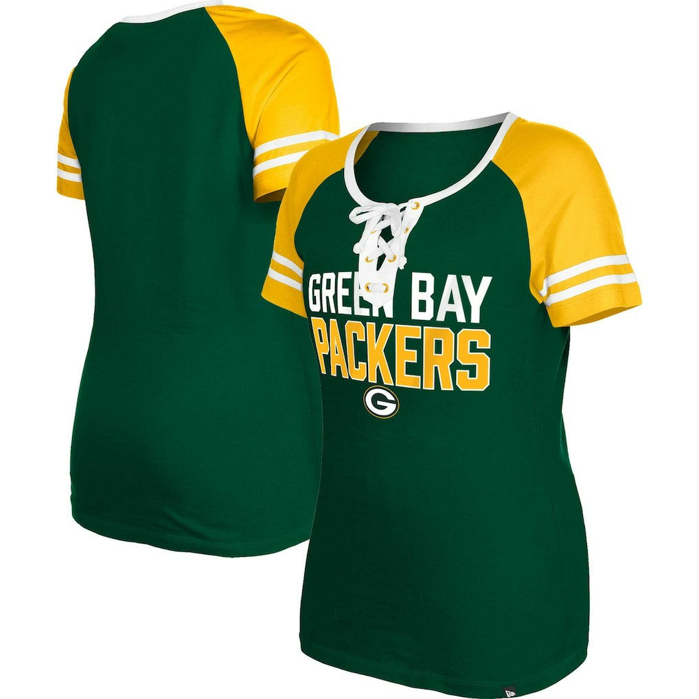 Green Bay Packers New Era Women's Raglan Lace-Up T-Shirt Green | NFL