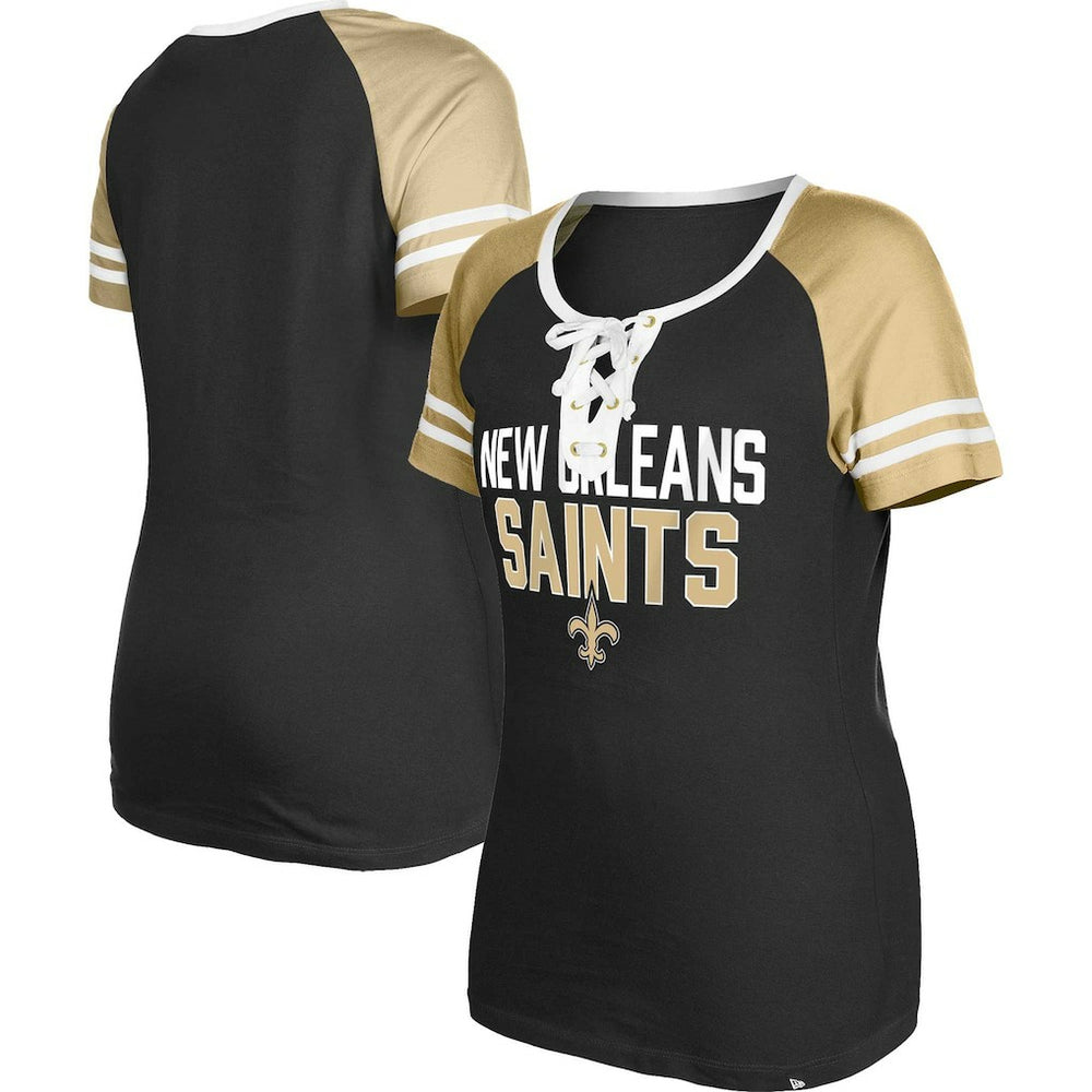 New Orleans Saints New Era Women's Raglan Lace-Up T-Shirt Black | NFL