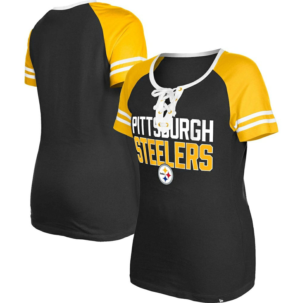 Pittsburgh Steelers New Era Women's Raglan Lace-Up T-Shirt Black | NFL