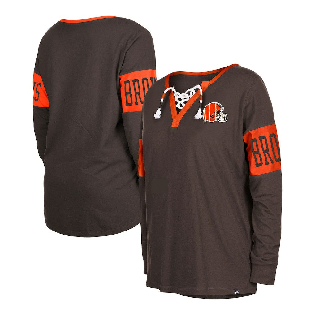 Cleveland Browns New Era Women's Lace-Up Notch Neck Long Sleeve T-Shirt Brown | NFL