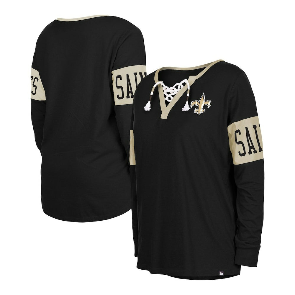 New Orleans Saints New Era Women's Lace-Up Notch Neck Long Sleeve T-Shirt Black | NFL