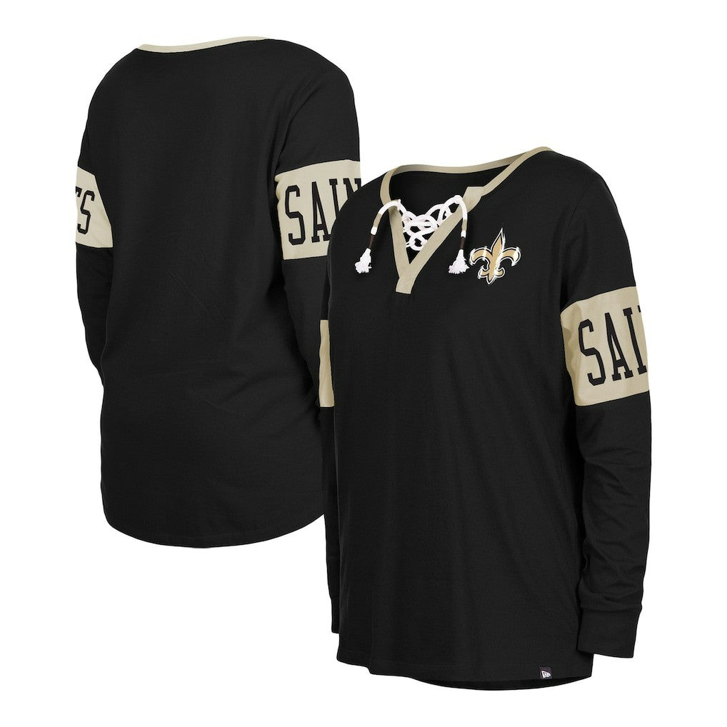 New Orleans Saints New Era Women's Lace-Up Notch Neck Long Sleeve T-Shirt Black | NFL