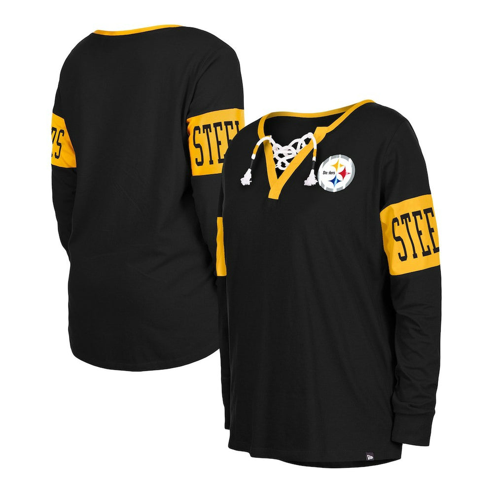 Pittsburgh Steelers New Era Women's Lace-Up Notch Neck Long Sleeve T-Shirt Black | NFL