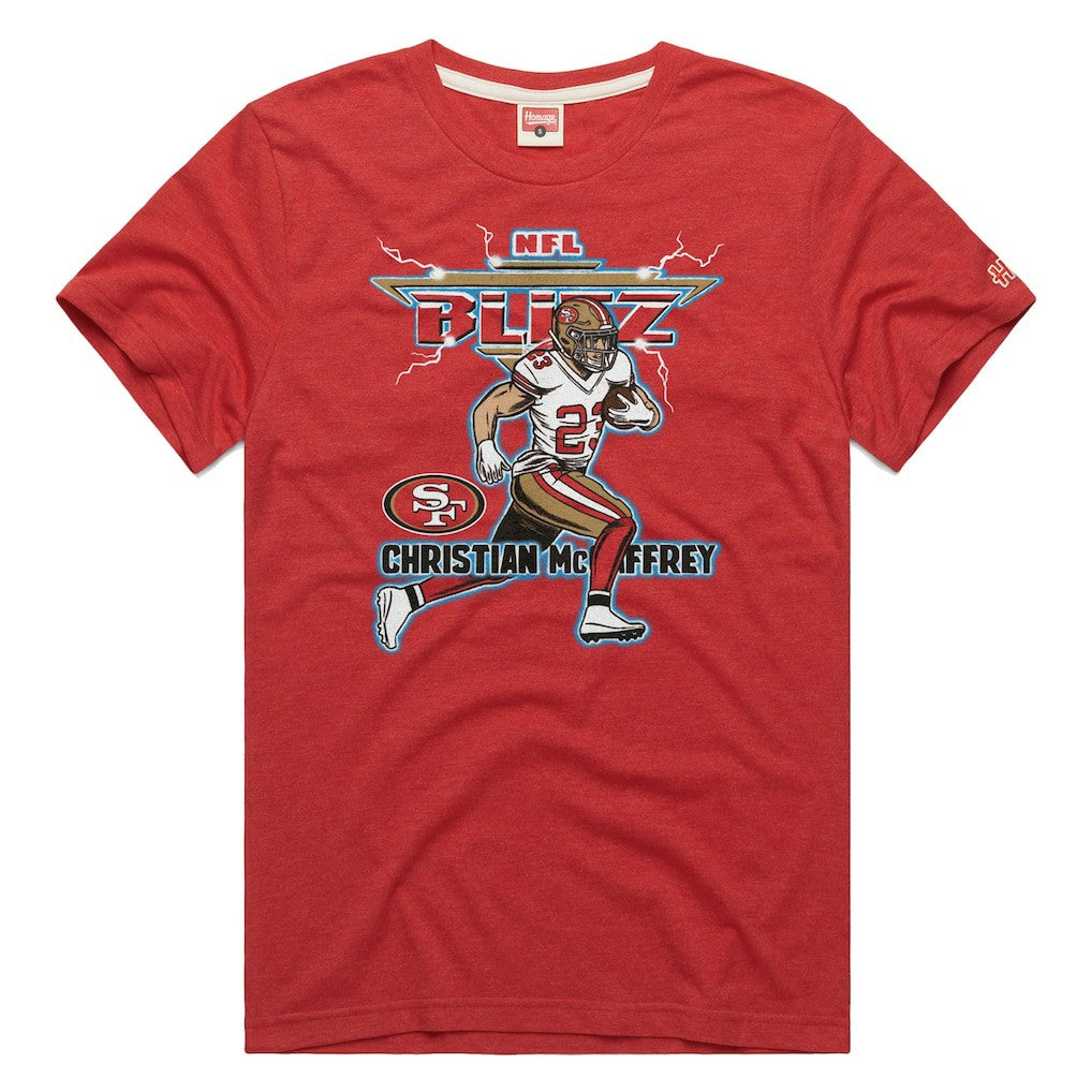 Christian McCaffrey San Francisco 49ers Homage Unisex NFL Blitz Player Tri-Blend T-Shirt Heathered Scarlet | NFL
