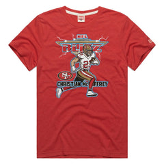 Christian McCaffrey San Francisco 49ers Homage Unisex NFL Blitz Player Tri-Blend T-Shirt Heathered Scarlet | NFL