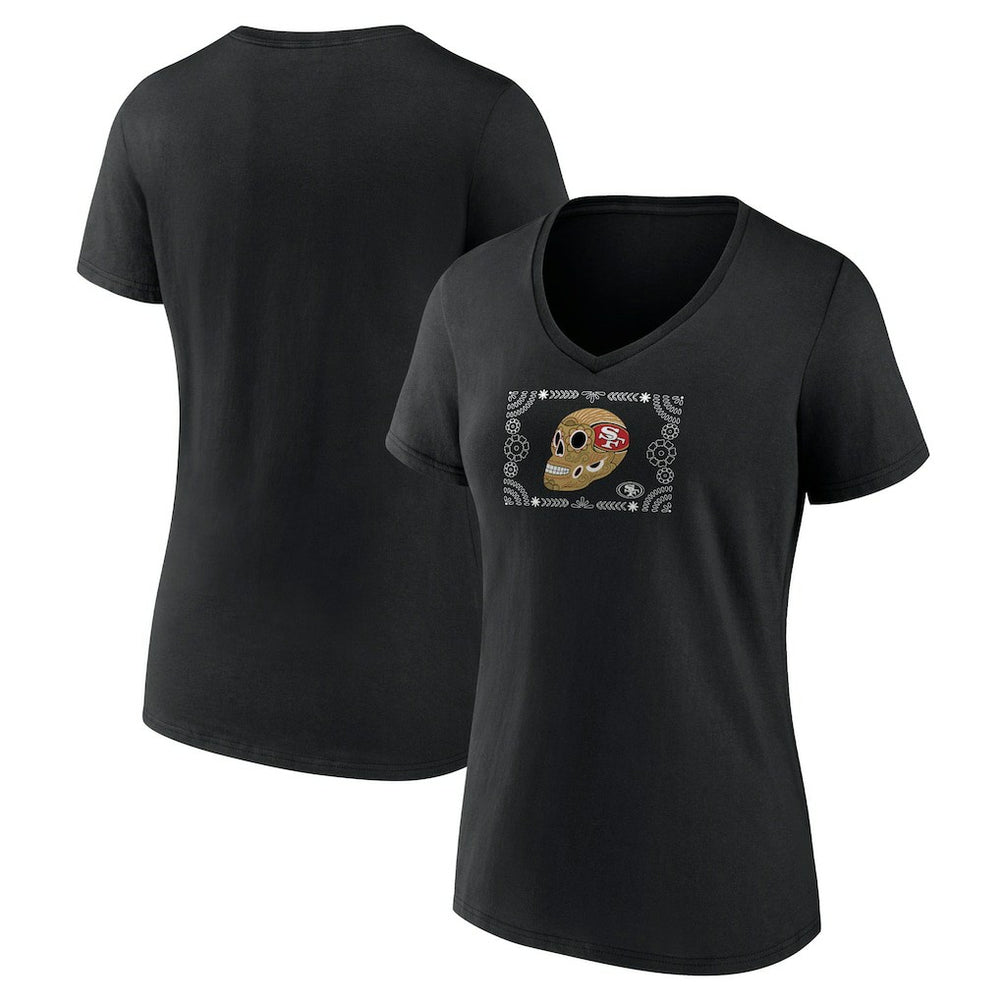 San Francisco 49ers Women's Sugar Skull V-Neck T-Shirt Black | NFL