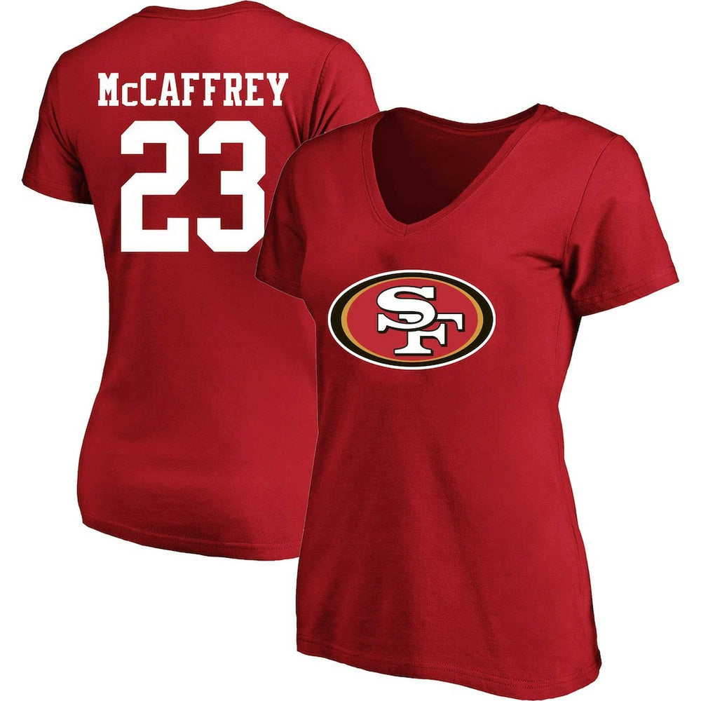 Christian McCaffrey San Francisco 49ers Women's Plus Size Fair Catch Name & Number Scoop Neck T-Shirt Scarlet | NFL