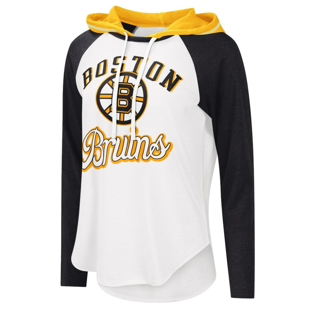 Boston Bruins G-III 4Her by Carl Banks Women's MVP Raglan Lightweight Hooded T-Shirt - White/Heather Black - NHL