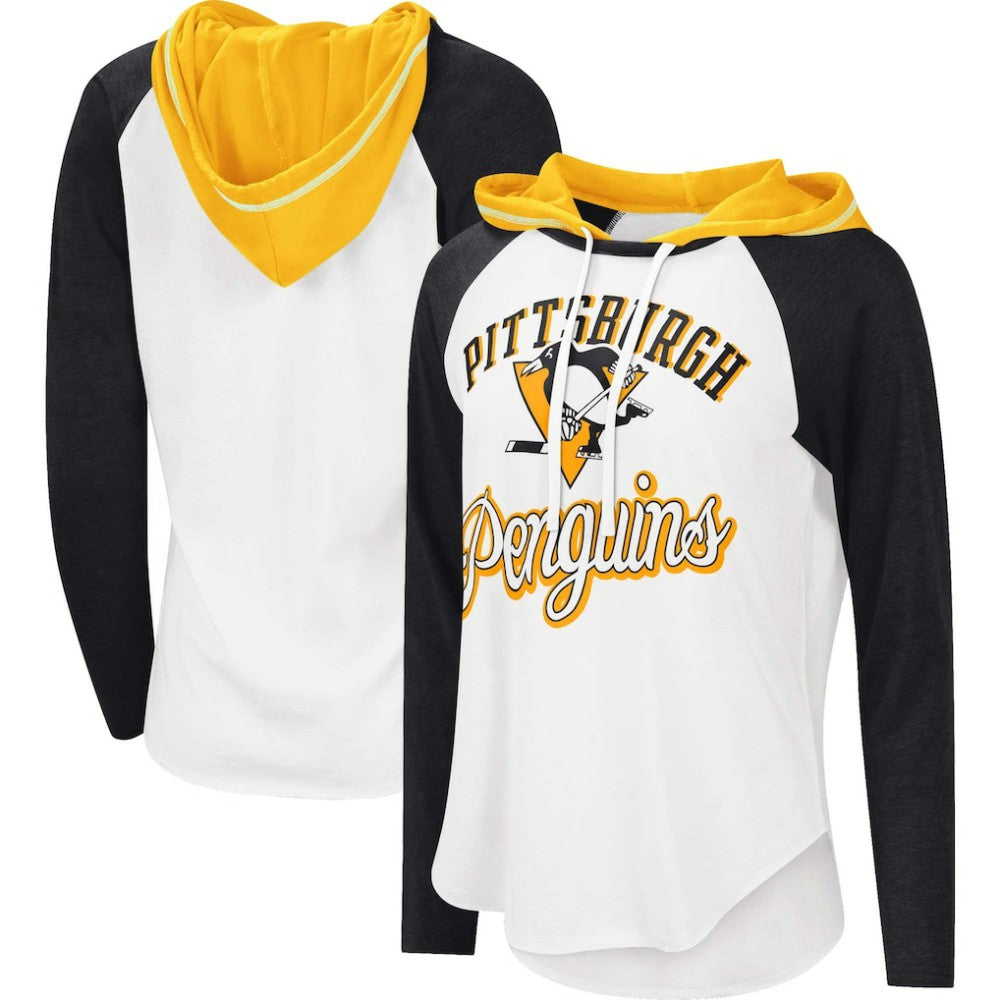 Pittsburgh Penguins G-III 4Her by Carl Banks Women's MVP Raglan Lightweight Hooded T-Shirt - White/Heather Black - NHL